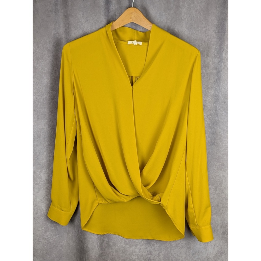Pleione Women Mustard Yellow Faux Wrap Draped Knot Blouse Small Long Sleeve